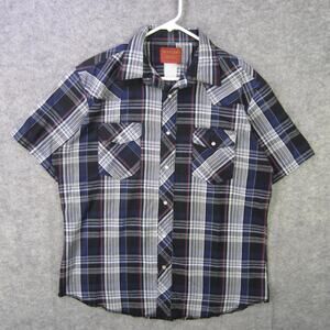 Rustler Shirt Mens Large Blue Black Plaid Snap Pearl X Long Tails Western